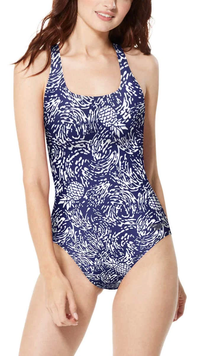 Speedo Womens Ultraback One Piece Swimsuit Black with White Piping, Navy, Large