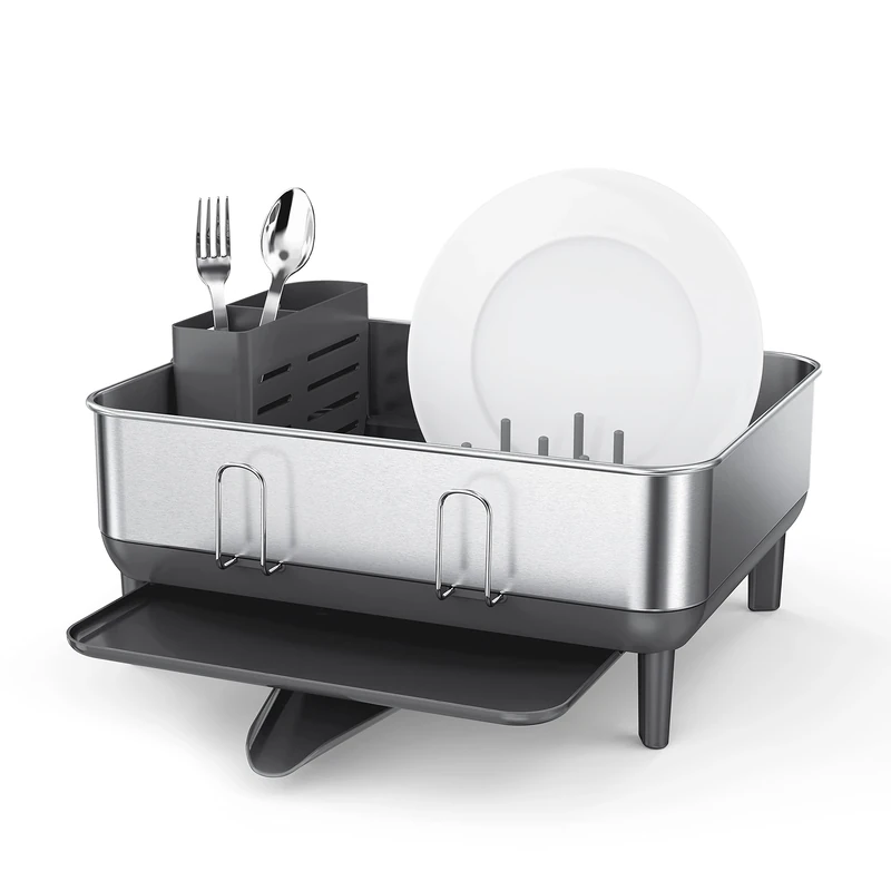 simplehuman Compact Steel Frame Dish Rack, Kitchen Drainer, 360º Swivel Spout, Wine Glass & Cutlery Holder, Grey with Brushed Stainless Steel, W 38.0cm x H 19.0cm x D 39.4cm, KT1184DC