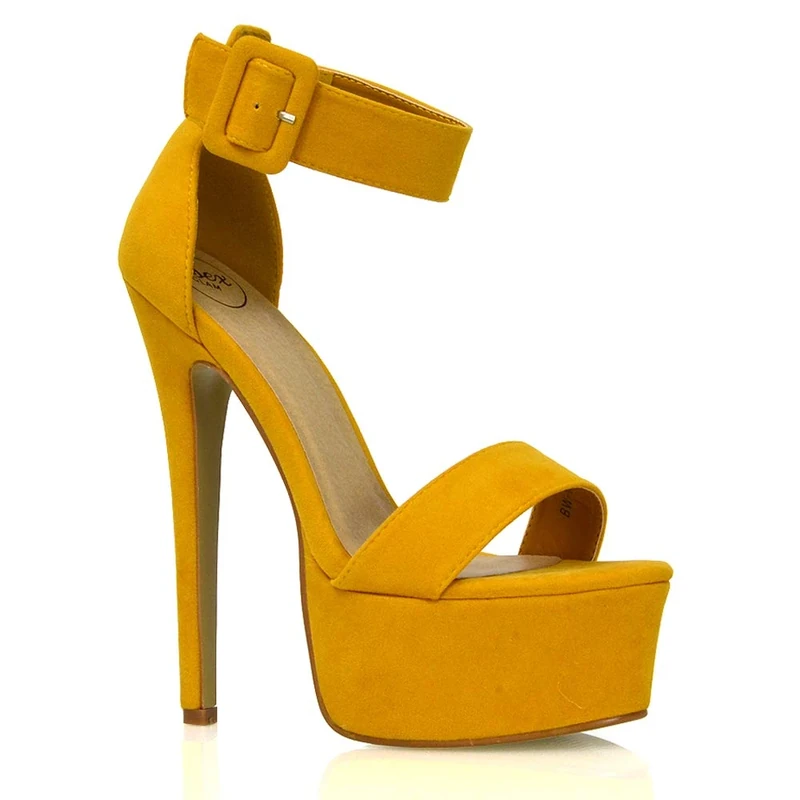 ESSEX GLAM Womens Ankle Strap Open Toe Ladies Stiletto High Heel Platform Party Shoes Size (Mustard Faux Suede, 3)