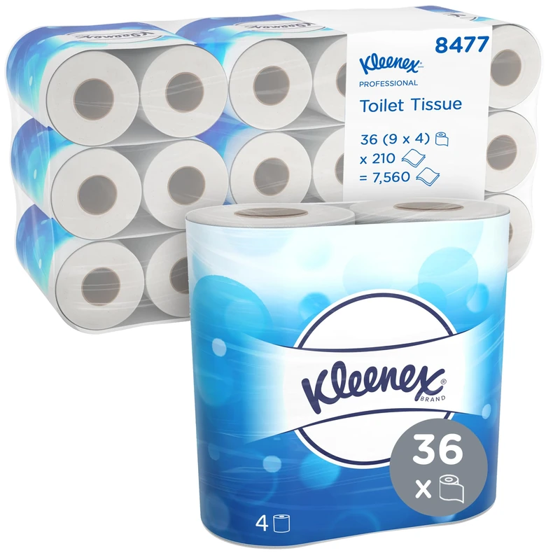 Kleenex Standard Size Toilet Roll 8477-2 Ply Toilet Paper - 9 Packs of 4 Toilet Rolls x 210 White Toilet Tissue Sheets (36 Rolls / 7,560 Sheets Total)