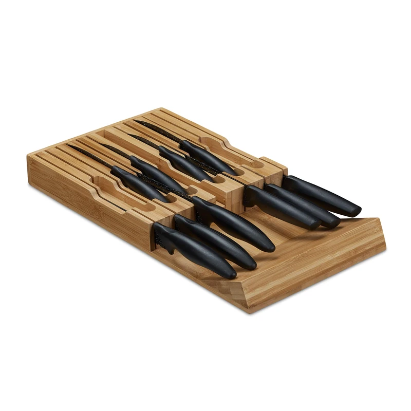 Relaxdays Knife Holder, Drawer Insert, for 12 Knives & Sharpening Steel, Bamboo Organiser, 4.5 x 43.5 x 23 cm, Natural