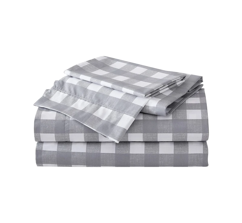 Eddie Bauer Home Sheets Cotton Percale Bedding Set, Crisp & Cool, Stylish Home Decor, Queen, Lakehouse Plaid Grey/White