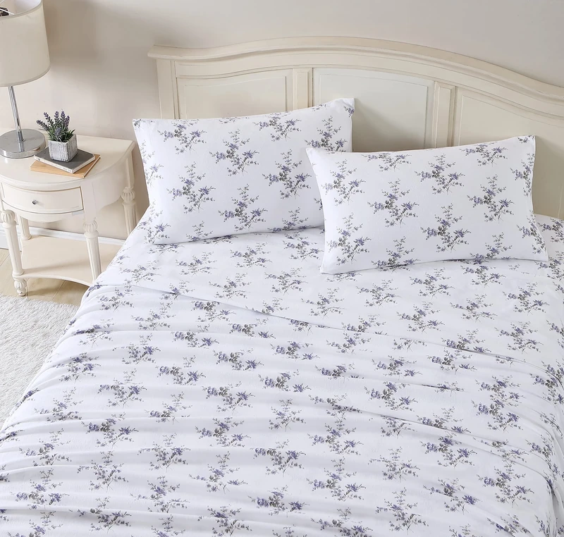 Laura Ashley - King Sheet Set, Cotton Flannel Bedding, Brushed for Extra Softness & Comfort (Jessika Lavender, King)