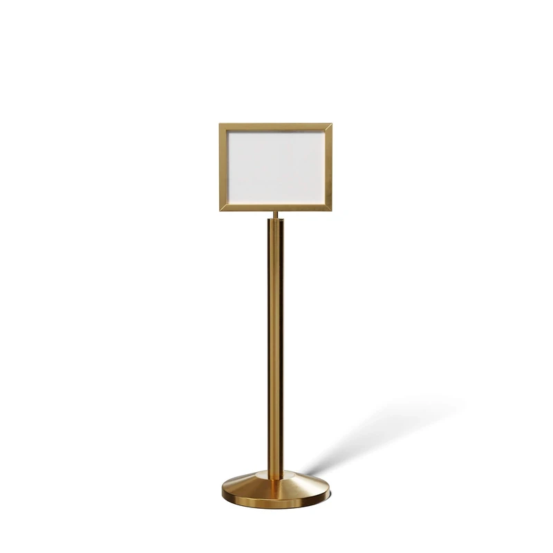 Crowd Control Warehouse Pedestal Standing Floor Sign Frame with Sloped Base, 11 x 14 Inch Horizontal, Satin Brass - CCW Series SFFS-100 - Image 1