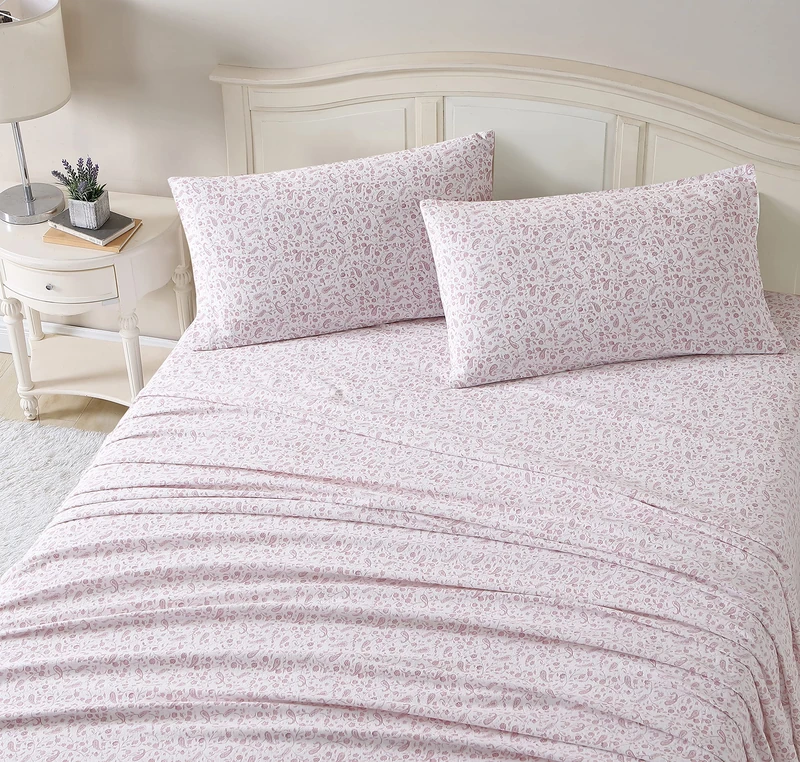 Laura Ashley - Full Sheet Set, Cotton Flannel Bedding, Brushed for Extra Softness & Comfort (Paisley Prance Pink, Full)