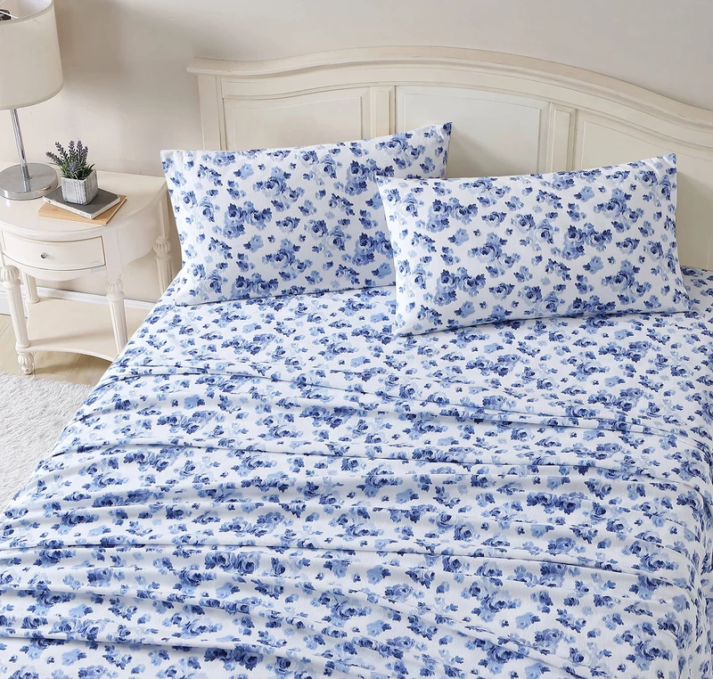 Laura Ashley - Queen Sheet Set, Cotton Flannel Bedding, Brushed for Extra Softness & Comfort (Emelisa Blue, Queen)