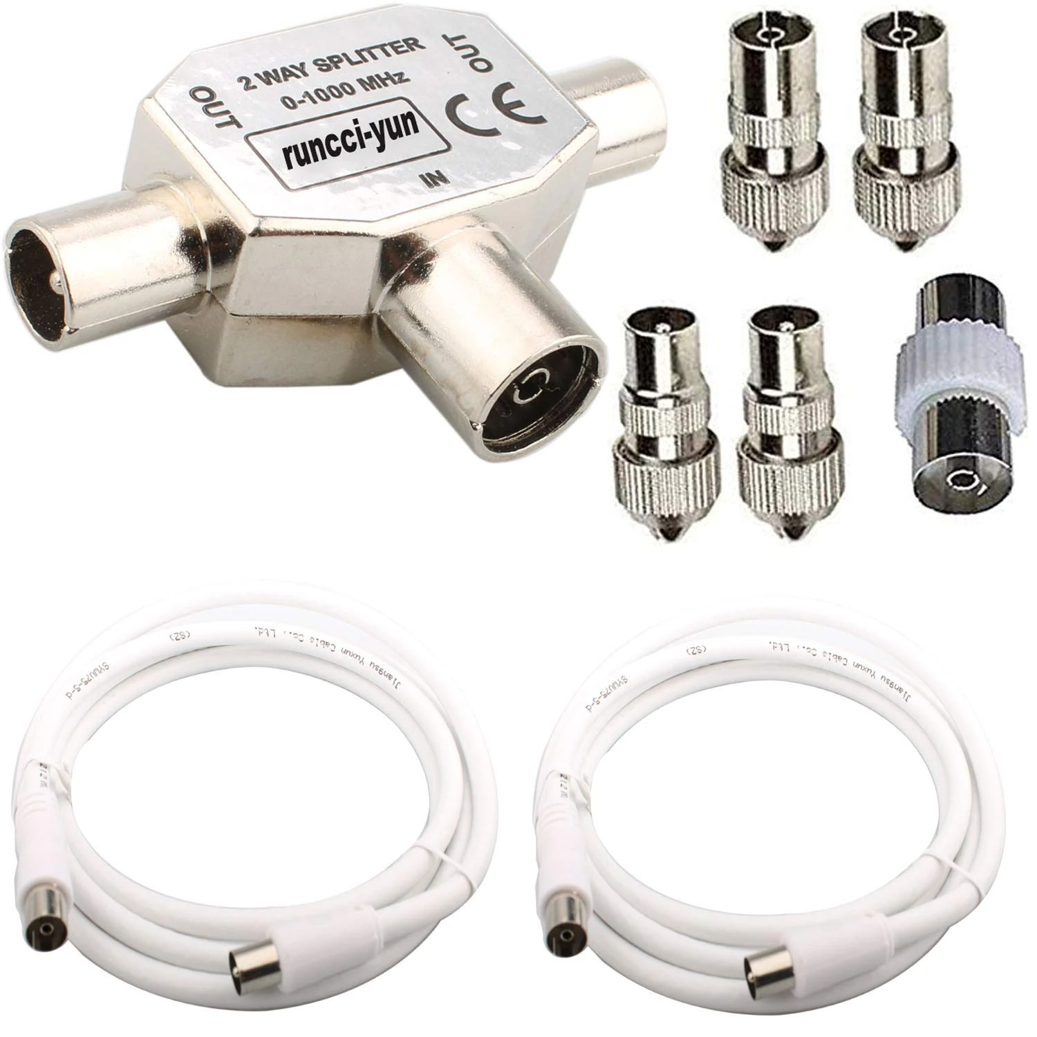 RUNCCI-YUN 2-Way Aerial Splitter - Coax Plug Coaxial Digital Signal Antenna Splitter + 2 X Female 2 X Male TV Aerial Coaxial Cable Connectors Adaptor