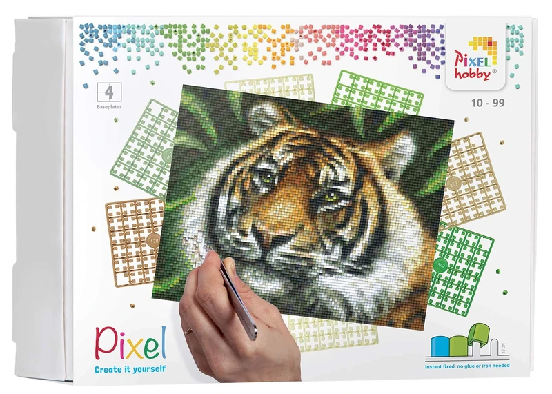 Pixel Pracht Creatives Hobby P090028 Mosaic Gift Box Tiger Image Approx. 25.4 x 20.3 cm, Easy Plug-In System, No Ironing or Gluing, Organic Plastic Stones Ideal for Children