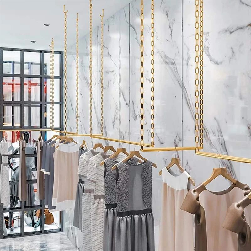 FURVOKIA 2 Pcs Creative Height Adjustable Metal Chain Clothing Hanging Racks,Commercial Wedding Dress Display Shelf,Ceiling Mount Clothes Storage Hanger(Gold Round Tube, 35.5 L)