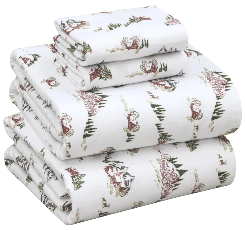 Ruvanti - Flannel Sheet Set Full Size - 100% Double Brushed Cotton, Warm and Cozy 4 Piece, Hilly Huts Design