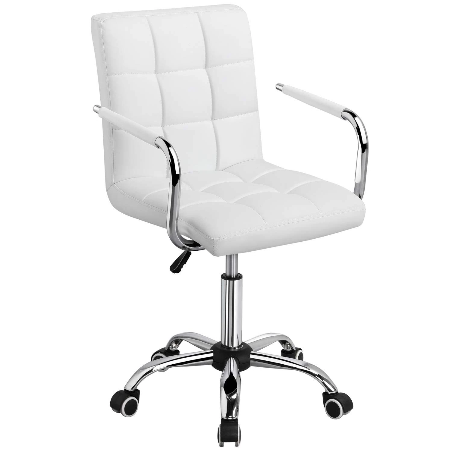 Yaheetech Adjustable Home Office Chair Leather Computer Desk Chair Mid Back Task Chair with Arms and Wheels for Study or Work White