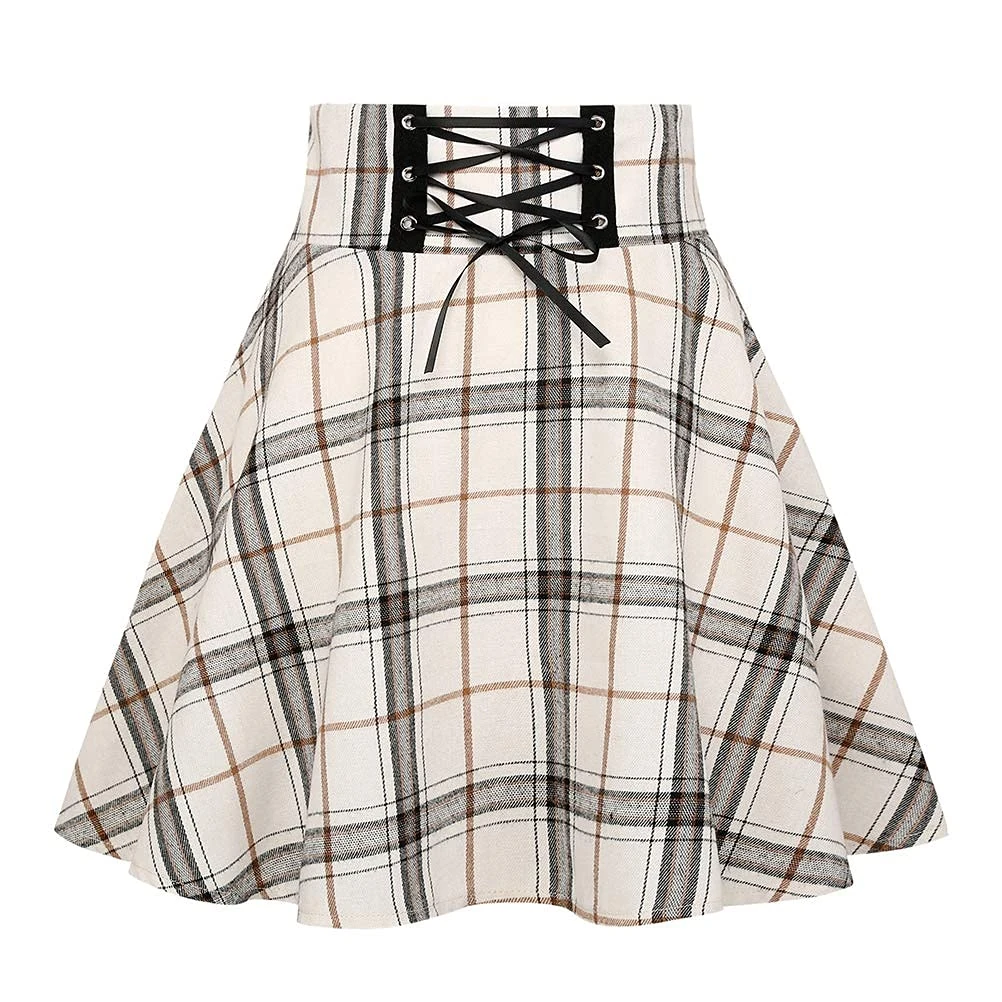 IDEALSANXUN Plaid Mini Skirts for Womens Chic A Line Pleated Short Skater Skirts - beige - Large