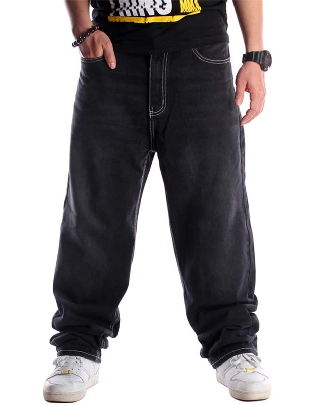 Ylingjun Mens Baggy Hip Hop Jeans Casual Loose Fit Embroidered Skateboard Denim Pants - Black - 32