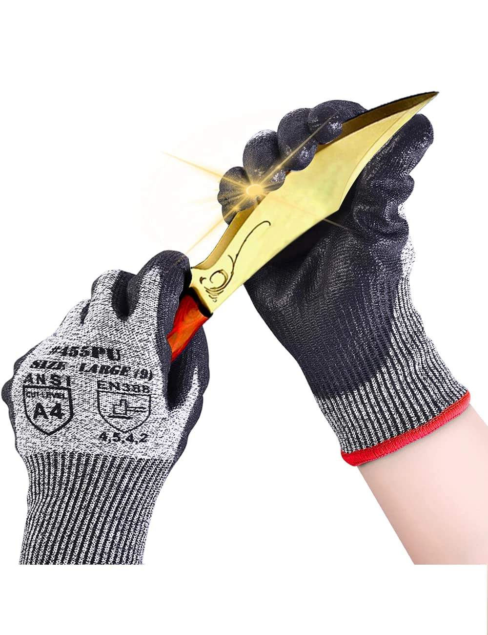 Donfri Cut Resistant Gloves High Performance Level 5 Protection Safety Work Gloves for Men Comfortable PU Coated Palm Cut Proof Gloves Gardening Food Grade Non-slip Machine Washable (L, 1)