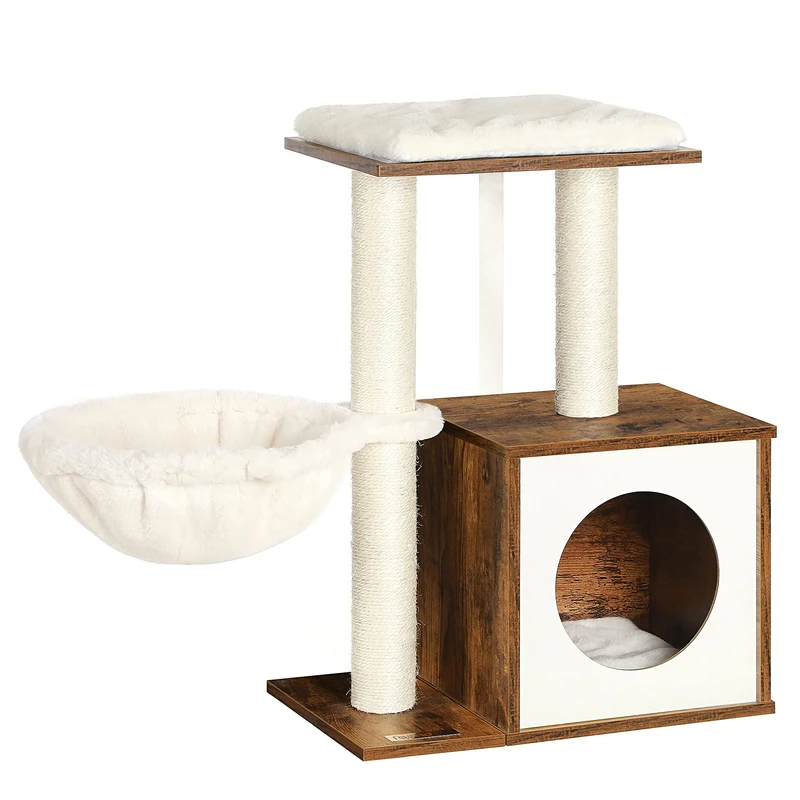 FEANDREA WoodyWonders Small Cat Tree for Kittens, Modern Cat Tower for Indoor Cats, Cat Condo with Scratching Posts, Removable Washable Cushions, Rustic Brown UPCT122X01