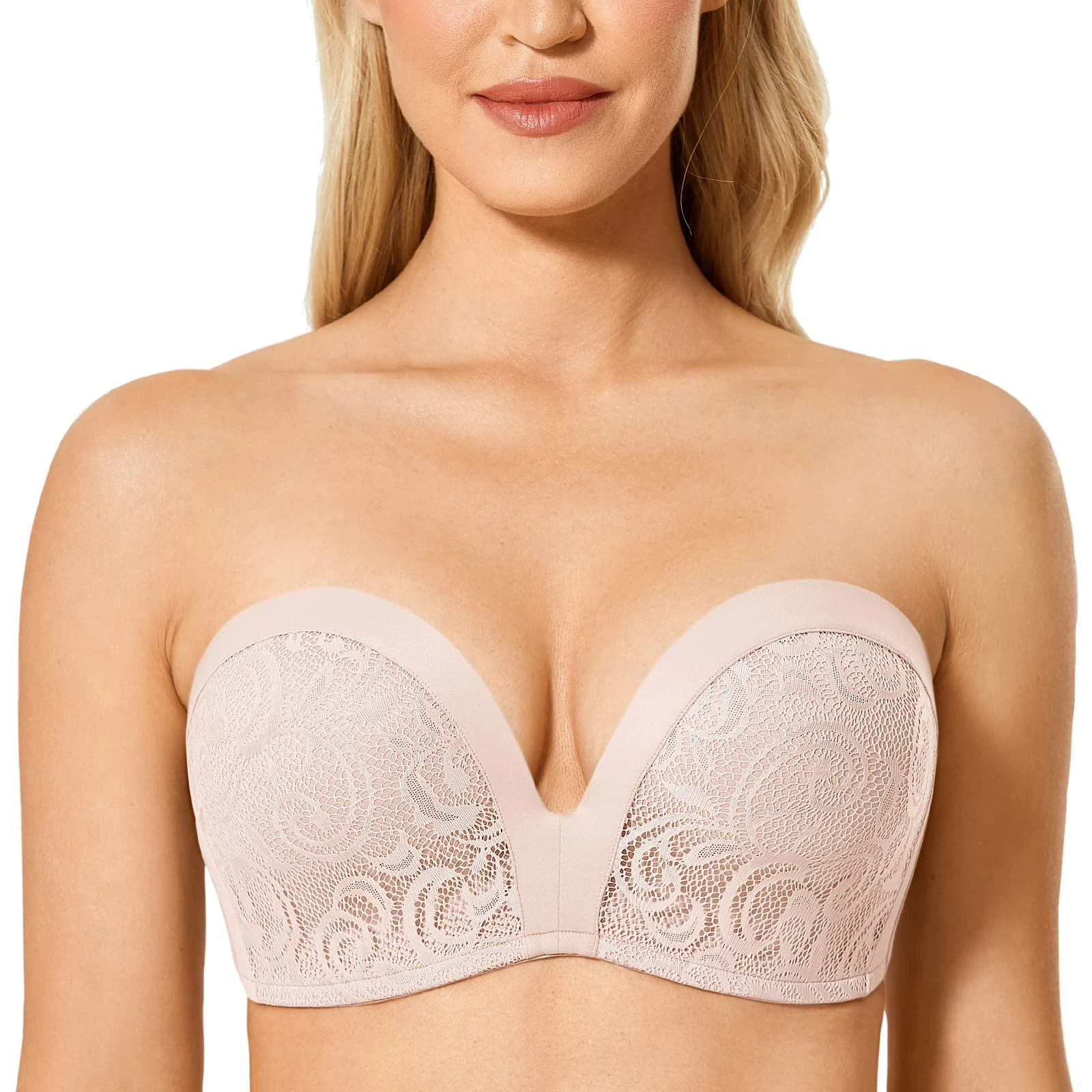 Delimira Women's Strapless Bra Padded Push Up Underwired Support Lift Plus Size Lace Bandeau Bra Rose Smoked 42B