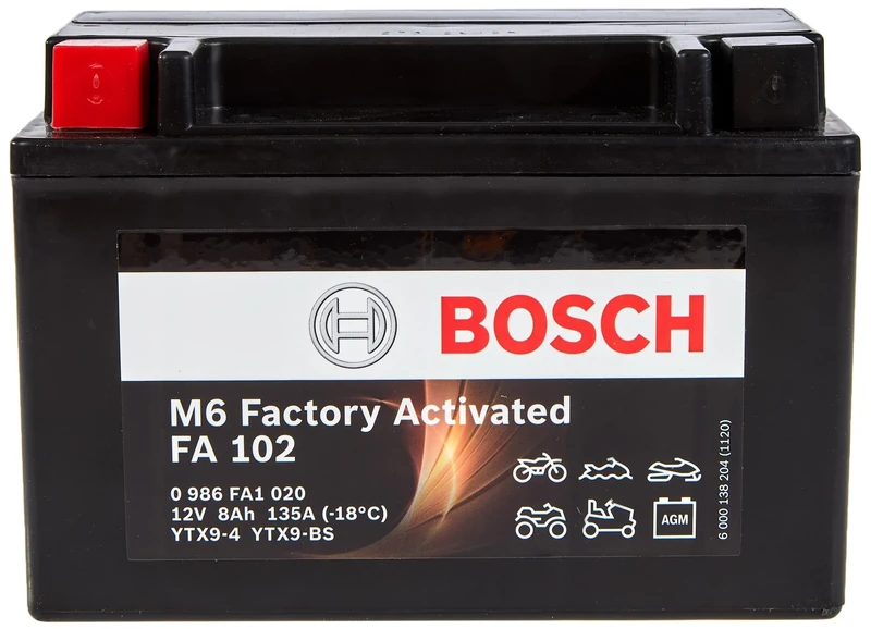 Bosch FA102 - AGM Motorcycle Battery - 12V 120A 8Ah - Suitable for Motorcycles, Motorbikes, Enduros, Scooters, Quads, Jet Skis - Compatible M6010, BTX9-BS, BTX9