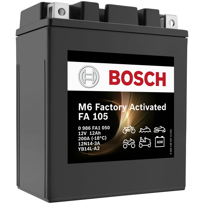 Bosch FA105 - AGM Motorcycle Battery - 12V 210A 12Ah - Suitable for Motorcycles, Motorbikes, Enduros, Scooters, Quads, Jet Skis - Compatible M4F34, M4F36, BTX14AHL-BS, BB14L-A2, BB14L-B2, 12N14-3A