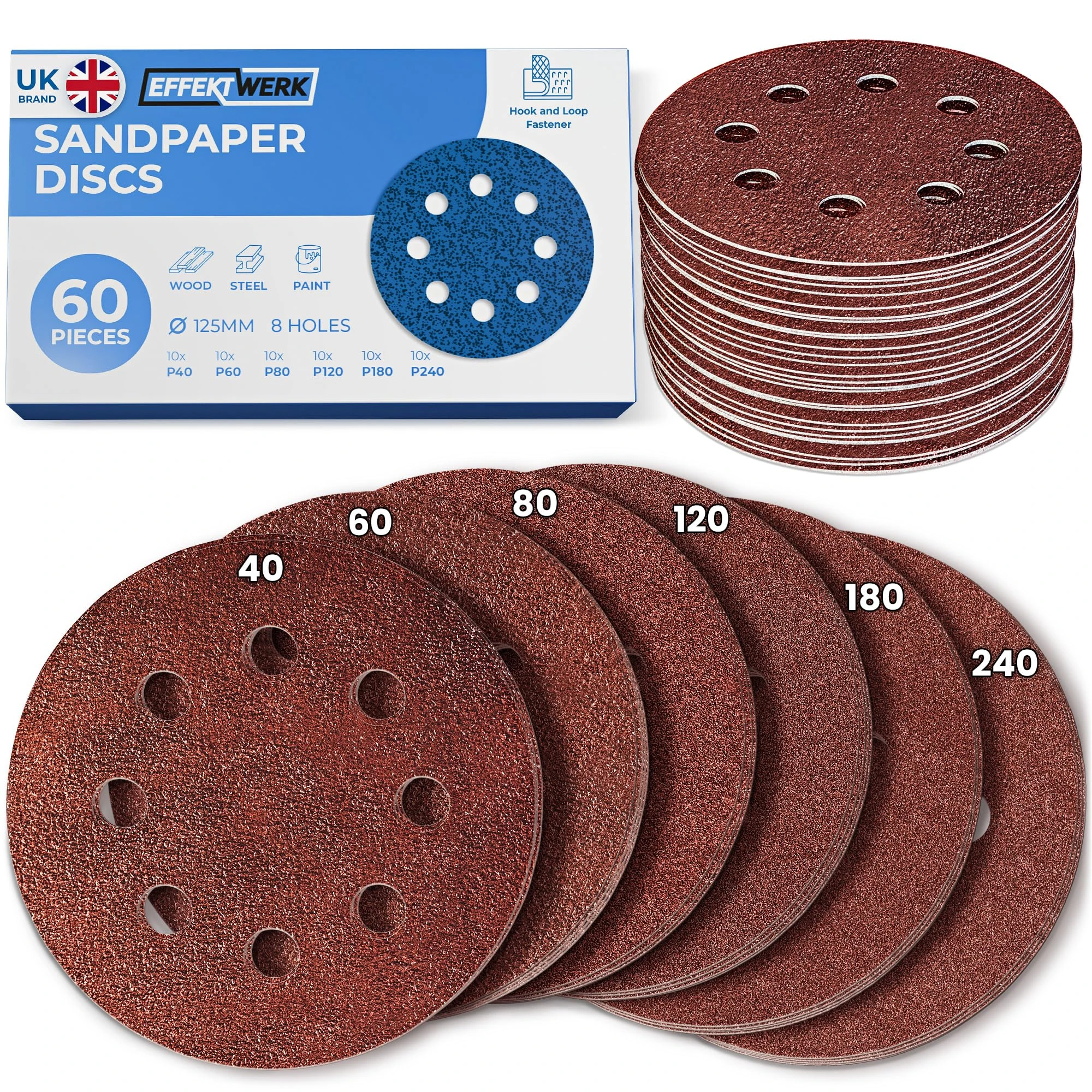 Effektwerk Sanding Discs (60 Pack, 8 Holes), 125mm Sandpaper for Random Orbital Sanders, Self-Adhesive w/Hook & Loop Closure, Fine & Coarse Grinding w/ 40/60/80/120/180/240 Grits (10 Pcs each)