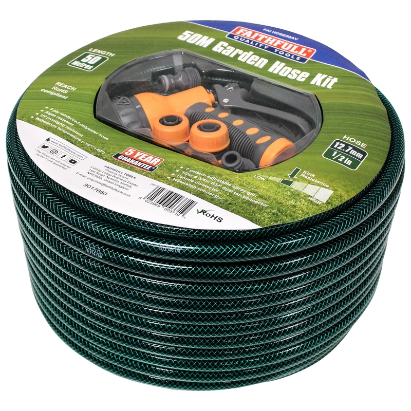 Faithfull 50M (164ft) Reinforced Hose Kit – Heavy-Duty PVC Garden Hose Pipe with 3 Fittings & Multipattern Spray Gun