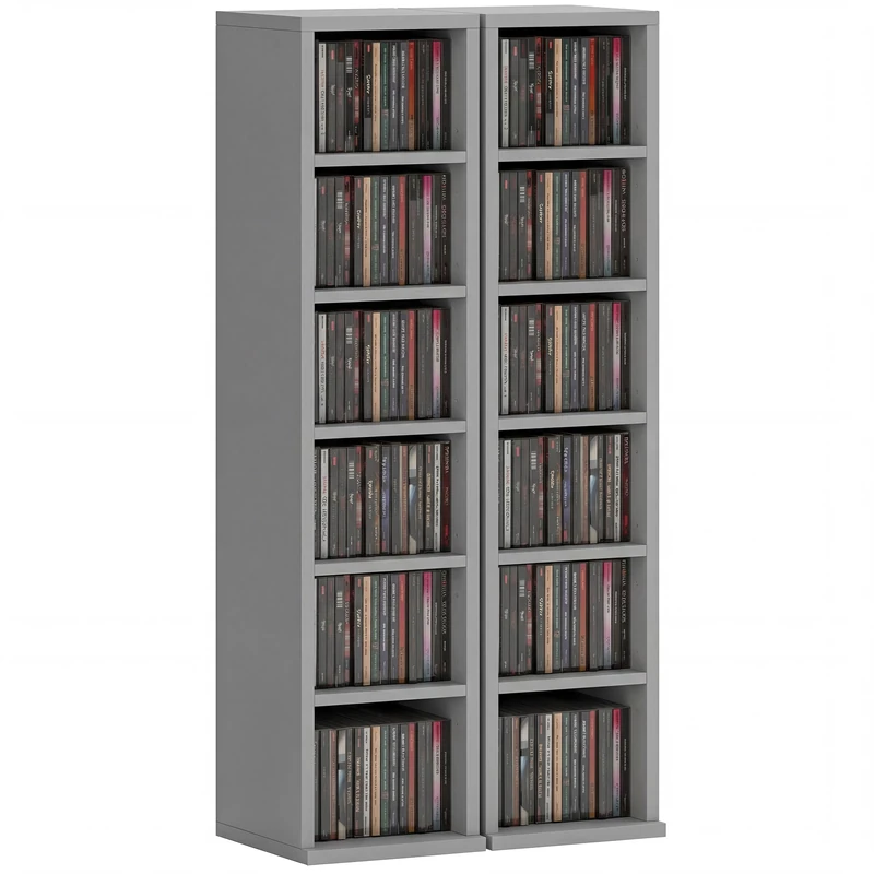 HOMCOM 204 CD Storage Units Set of 2, Blu-Ray Tower Rack with Adjustable Shelves, Bookcase Storage Organiser, Light Grey - Image 1