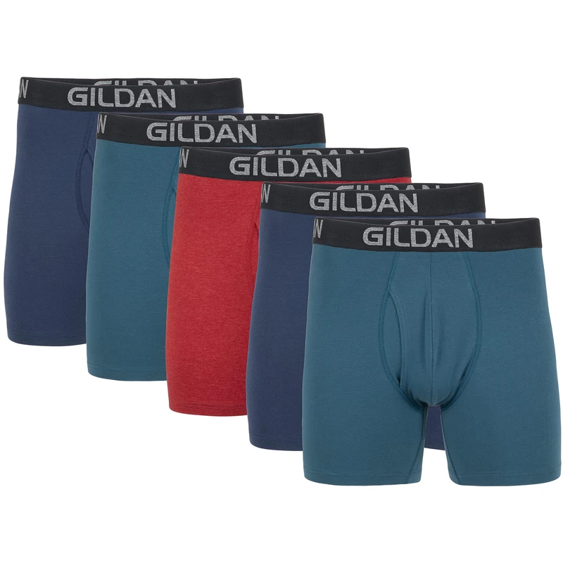 Gildan Men's Cotton Stretch Boxer Brief, Multipack, Blue Cove/Hawaiian Blue/Heather Red Mark (5-Pack, Regular Leg), XL (Pack of 5)