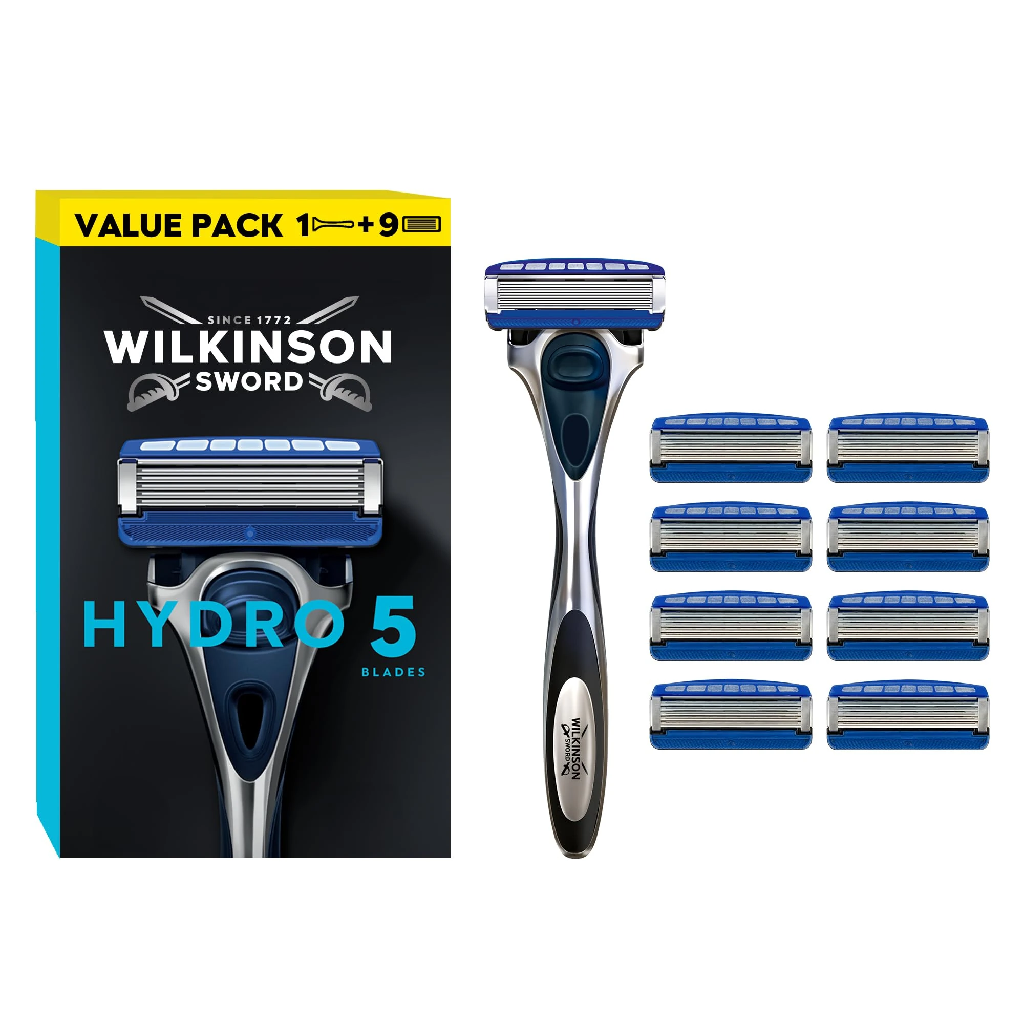 Wilkinson Sword Hydro 5 Men’s Razor, Great Addition to Wash Bags for Men's Grooming, Great Shavers for Routine Shaving, 1 Reusable Handle + 9 Blades Refills Pack WINNER OF THE WHICH? BEST BUY AWARD
