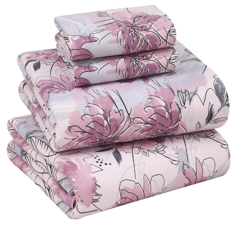 Ruvanti 100% Cotton Percale Sheets - Queen Size Bed, Breathable & Durable Sheet Set, 16 Inch Deep Pocket, Lilac Floral, 4 Pieces