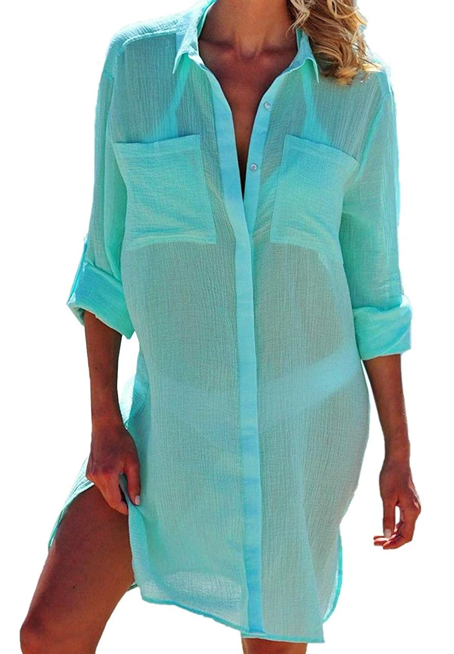 JFAN Women Bikini Cardigan Swimsuit Shirt Cover Up Swimwear Dress Lady Beachwear with Pocket Button Beach Shirt White