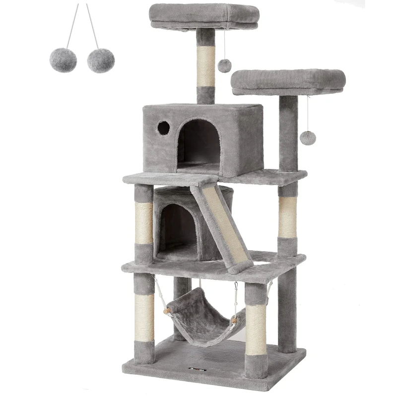 FEANDREA Cat Tree, Cat Condo with 2 Cat Caves, 155 cm, Light Grey PCT163W01