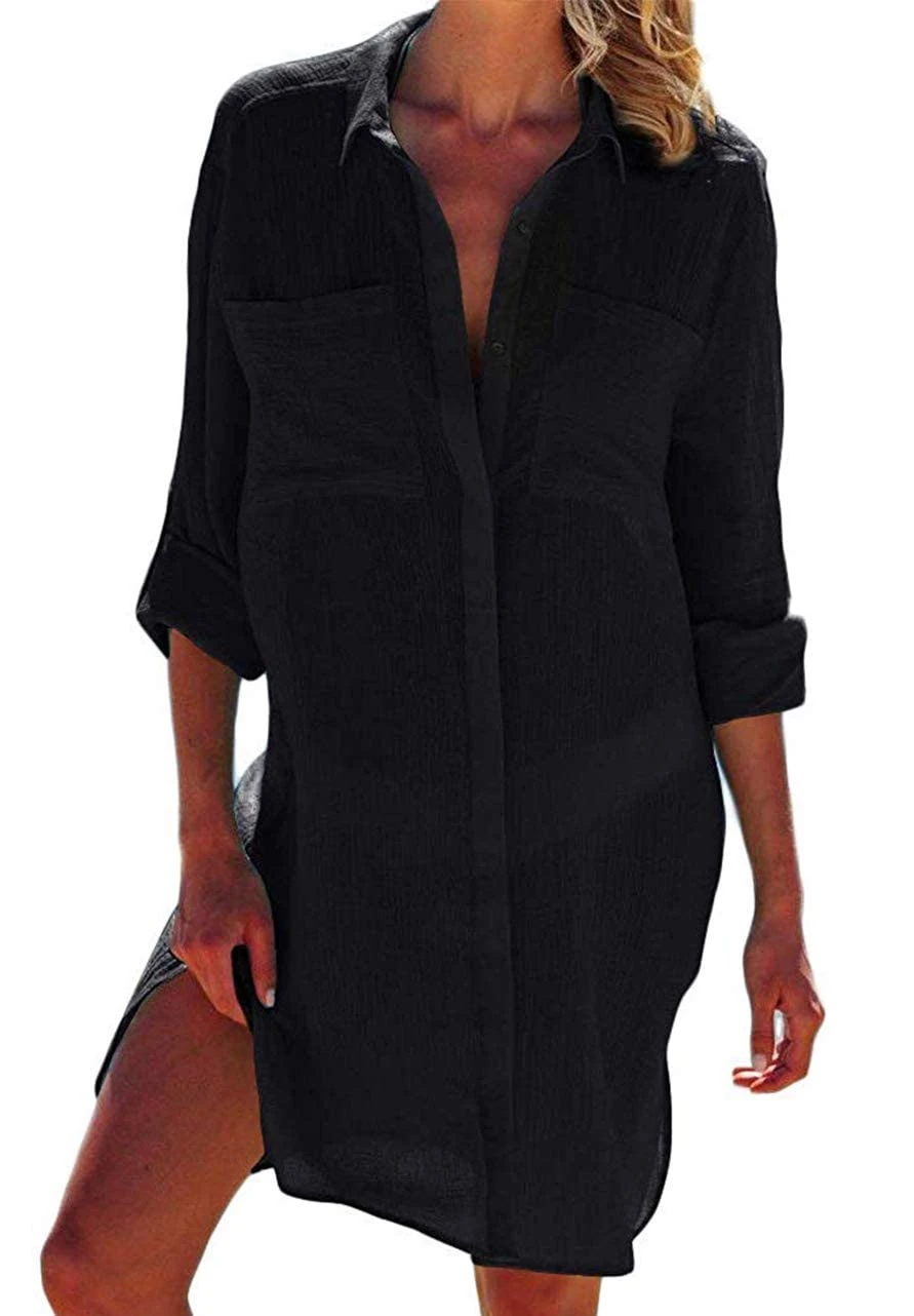 JFAN Women Bikini Cardigan Swimsuit Shirt Cover Up Swimwear Dress Lady Beachwear with Pocket Button Beach Shirt Black