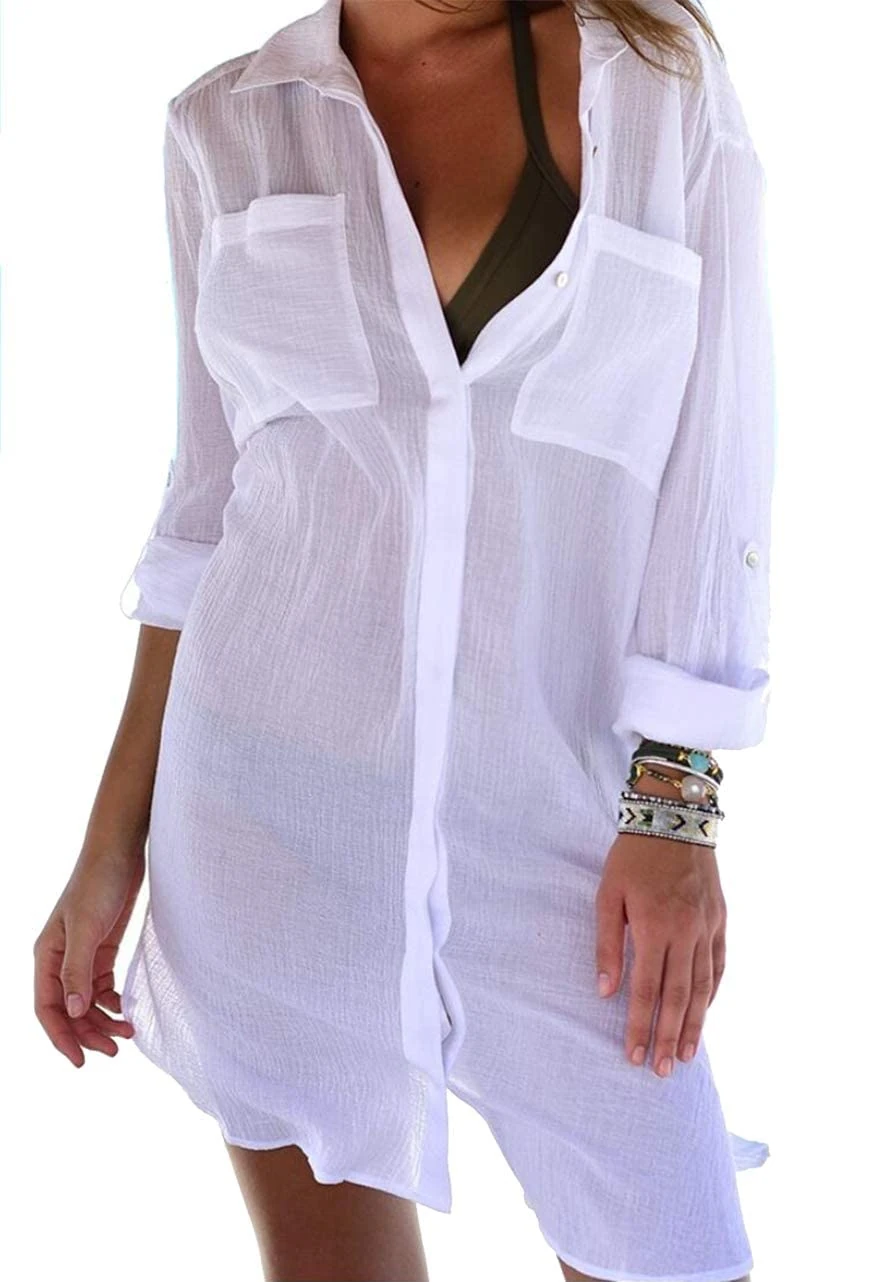JFAN Women Bikini Cardigan Swimsuit Shirt Cover Up Swimwear Dress Lady Beachwear with Pocket Button Beach Shirt White