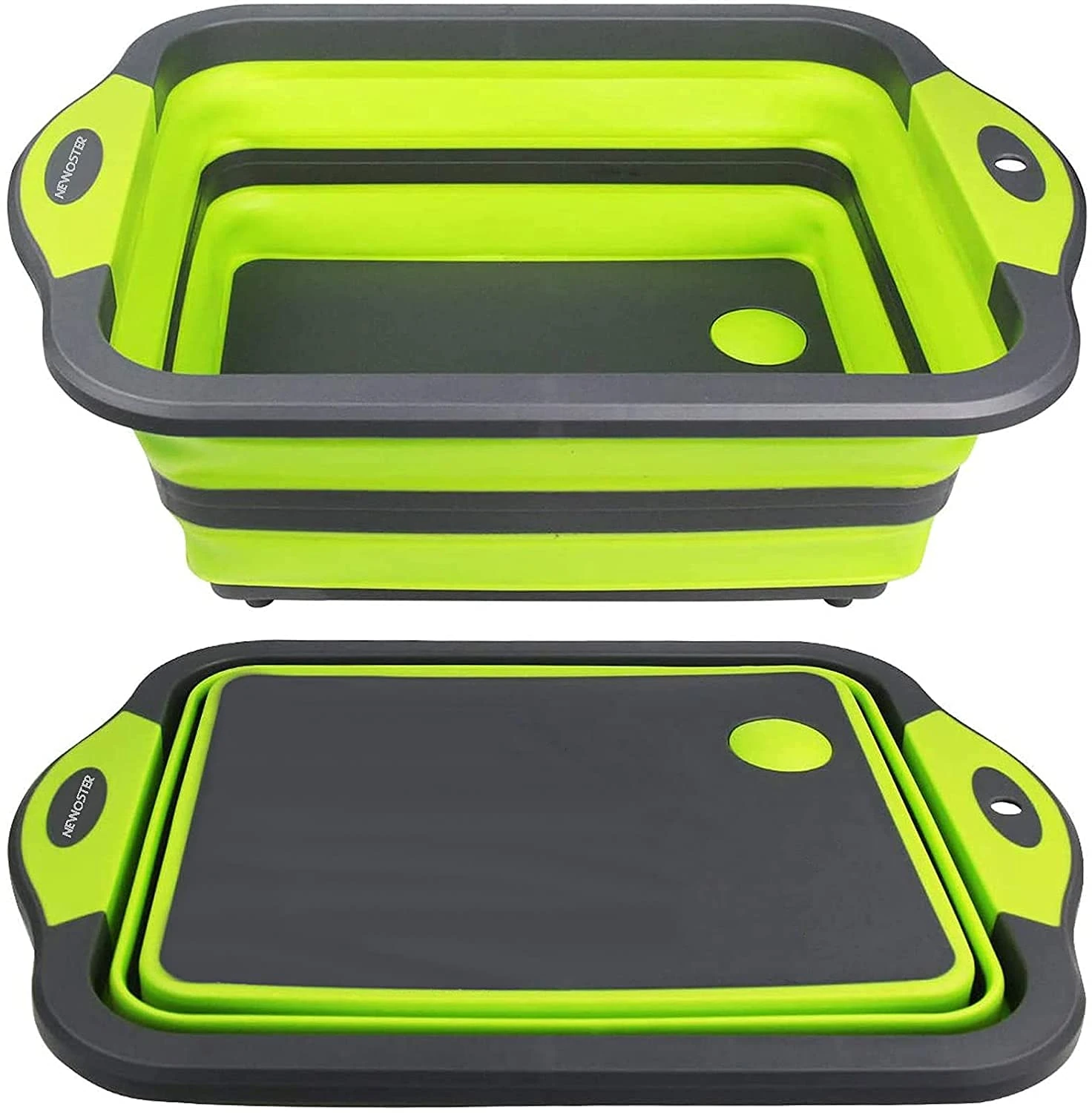 NEWOSTER Collapsible Cutting Board - Multifunction Chopping Board, Basin Drainer & Washing Bowl Dish Tub Draining Plug Kitchen Scissors Portable Drain Basket for Camping, Picnic, BBQ (Green)