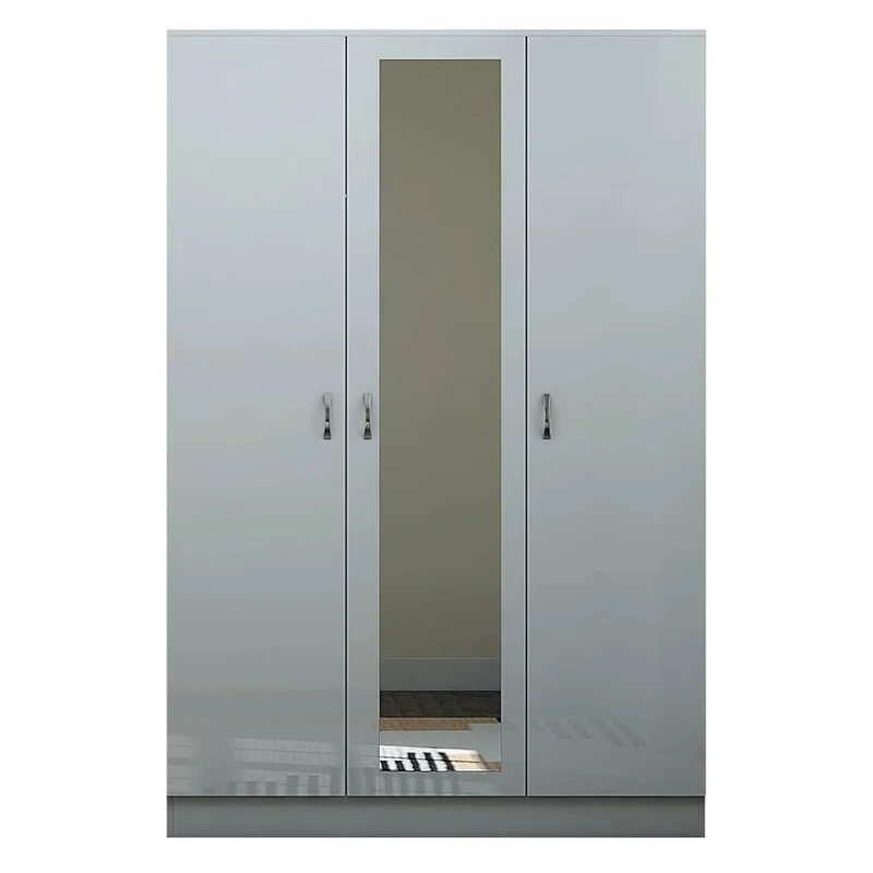 FWStyle Chilton High Gloss 3 Door Mirrored Wardrobe, Grey
