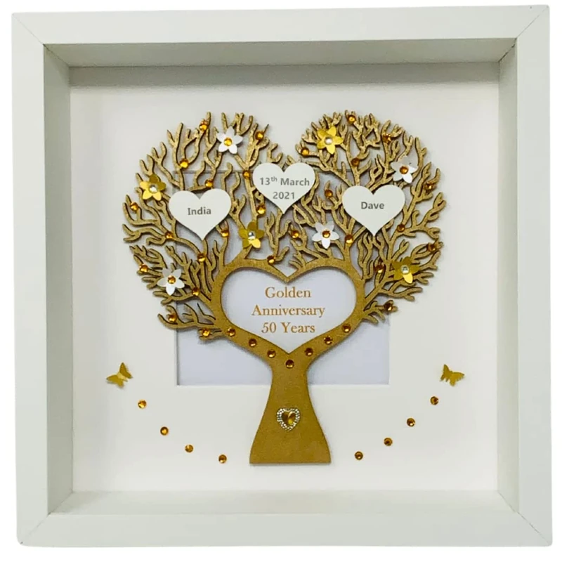50th 50 Years Golden Wedding Anniversary Family Tree Picture Frame Gift Personalised – Various Designs (Heart Tree Metallic)
