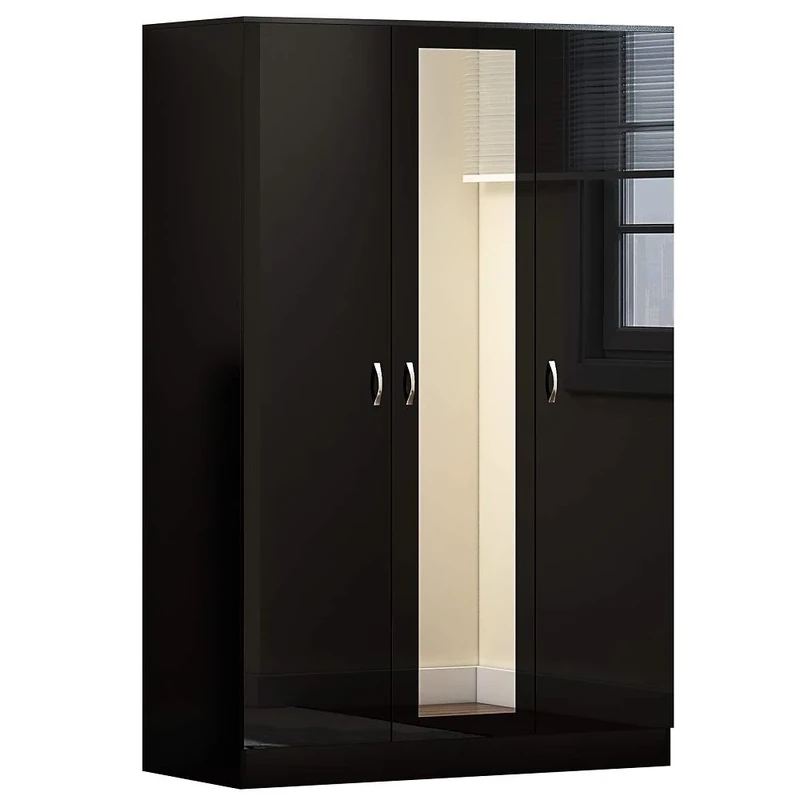 FWStyle 3 Door Modern Mirrored Wardrobe Black High Gloss Bedroom Furniture. Matt Black Frame