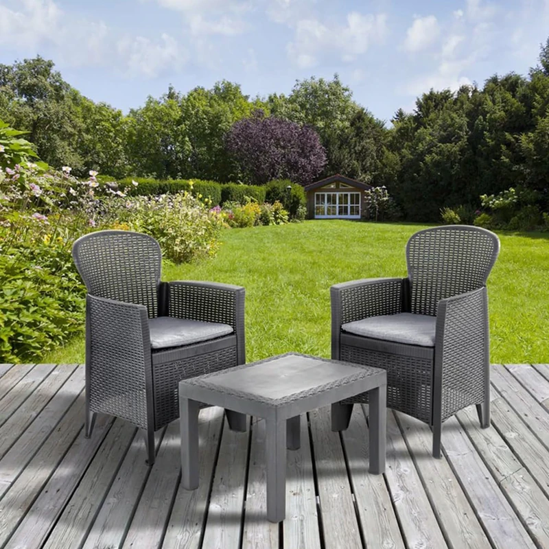 Dmora - Outdoor lounge set Foggia, Garden set with 2 armchairs and 1 coffee table, Rattan effect sitting area with cushions, 100% Made in Italy, Anthracite