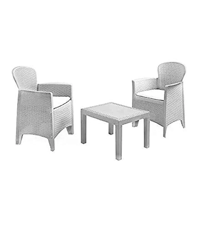 Dmora - Outdoor lounge set Foggia, Garden set with 2 armchairs and 1 coffee table, Rattan effect sitting area with cushions, 100% Made in Italy, White