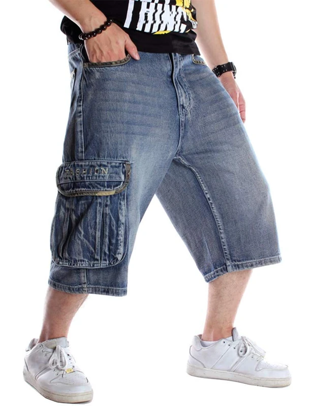 Kinghua Baggy Jean Shorts for Men Casual Loose Fit Hip Hop Skateboard Denim Shorts, Light Blue 101-1, 34