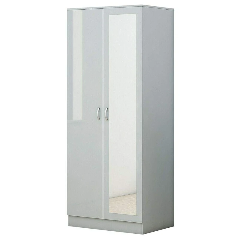 FWStyle 2 Door Mirrored Wardrobe Contemporary Bedroom Furniture & Storage High Grey Gloss Finish
