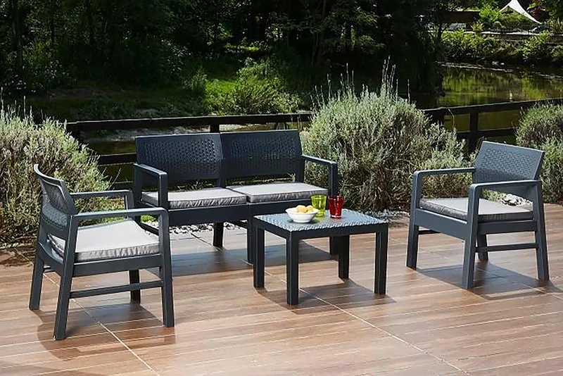 Dmora - Outdoor lounge set Carpi, Garden set with 2 armchairs, 1 sofa and 1 coffee table, Rattan effect sitting area with cushions, 100% Made in Italy, Anthracite - Image 1