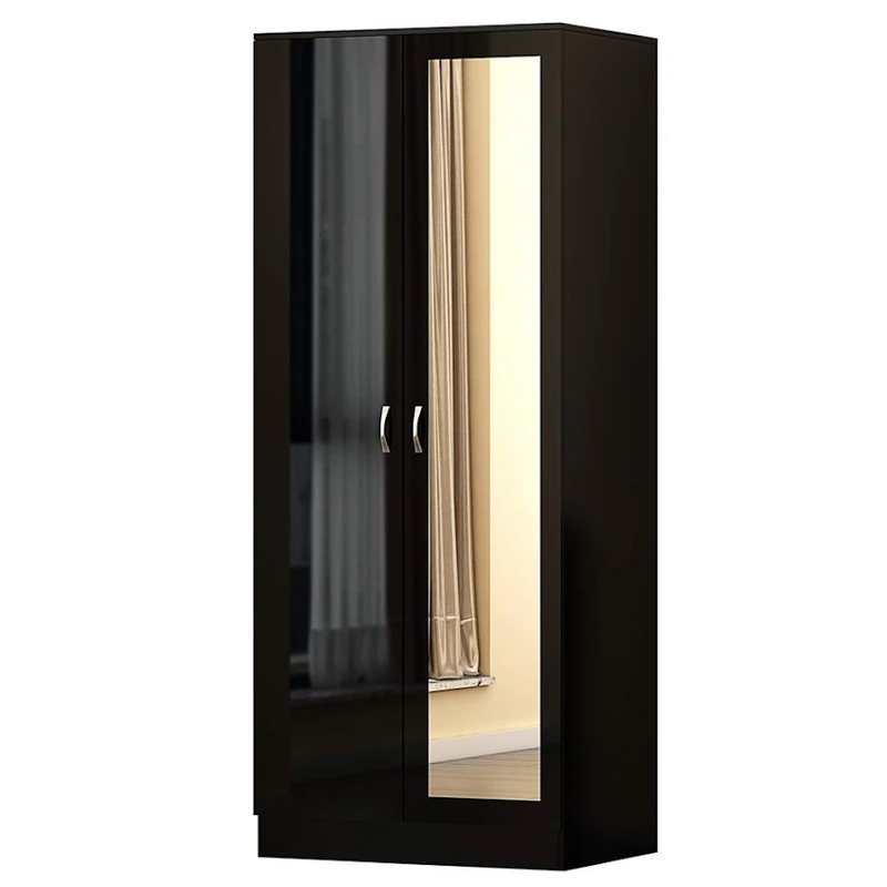 FWStyle Black High Gloss 2 Door Mirrored Wardrobe Modern Bedroom Furniture Matt Black Frame