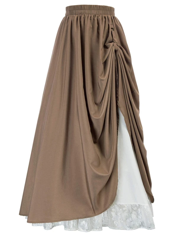 Scarlet Darkness Maxi Long Skirt for Women Double-Layer Victorian Renaissance Skirts, Brown, S