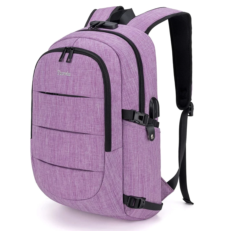 Tzowla Business Laptop Backpack Water Resistant Anti-Theft Backpack with USB Charging Port and Lock 17.3 Inch Computer Backpacks for Women, Casual Hiking Travel Daypack(Purple)