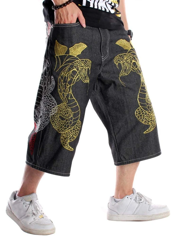 Kinghua Baggy Jean Shorts for Men Casual Loose Fit Hip Hop Skateboard Denim Shorts, Black 019-1, 34