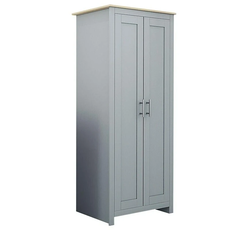 FWStyle Westbury Traditional 2 Door Wardrobe, Bedroom Furniture, Solid Oak Wardrobe With Metal Handles Soft Matt Grey & Light Oak