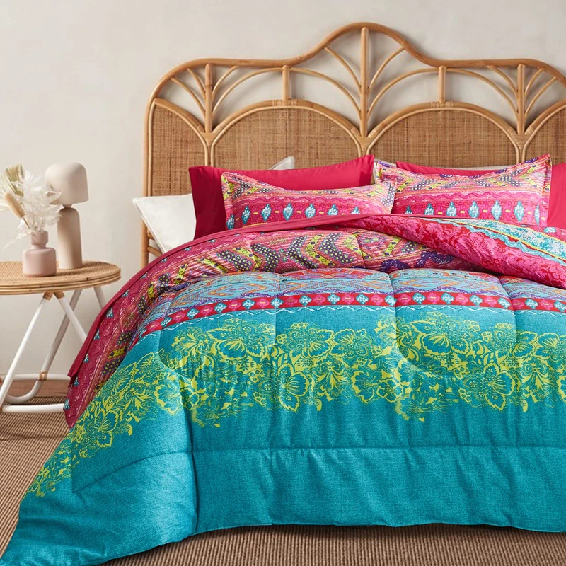 Flysheep Boho Bed in a Bag 7 Pieces King Size, Colorful Bohemian Tribal Pink n Blue Floral Reversible Bed Comforter Set (1 Comforter, 1 Flat Sheet, 1 Fitted Sheet, 2 Pillow Shams, 2 Pillowcases)