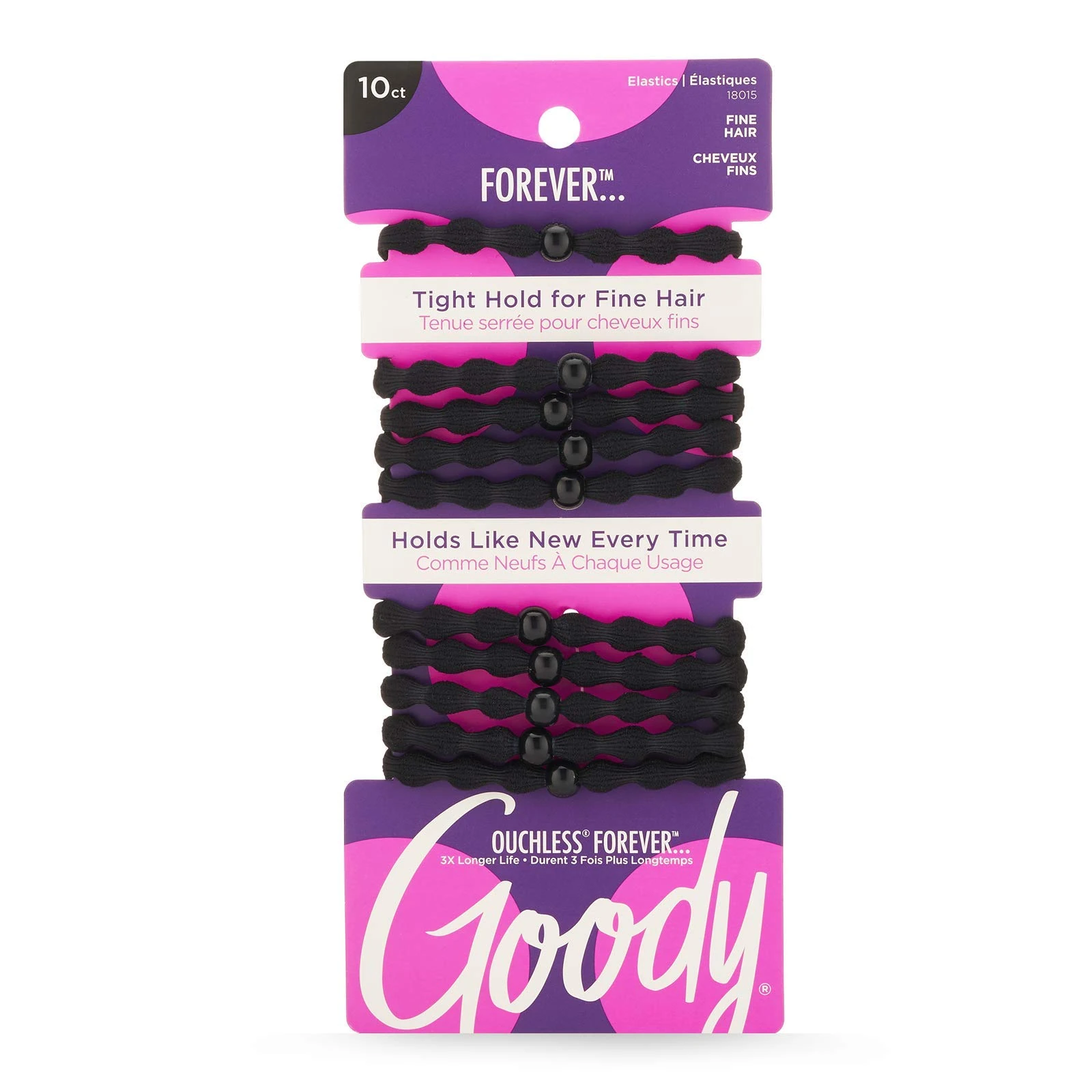 Goody Ouchless Forever Hair Elastics - 10 Pack, Black, Damage-Free Bands, 3X Stronger Ties, Retainable Shape, 16 Strand Inner Core, Accessories for Women & Men, Fine Hair