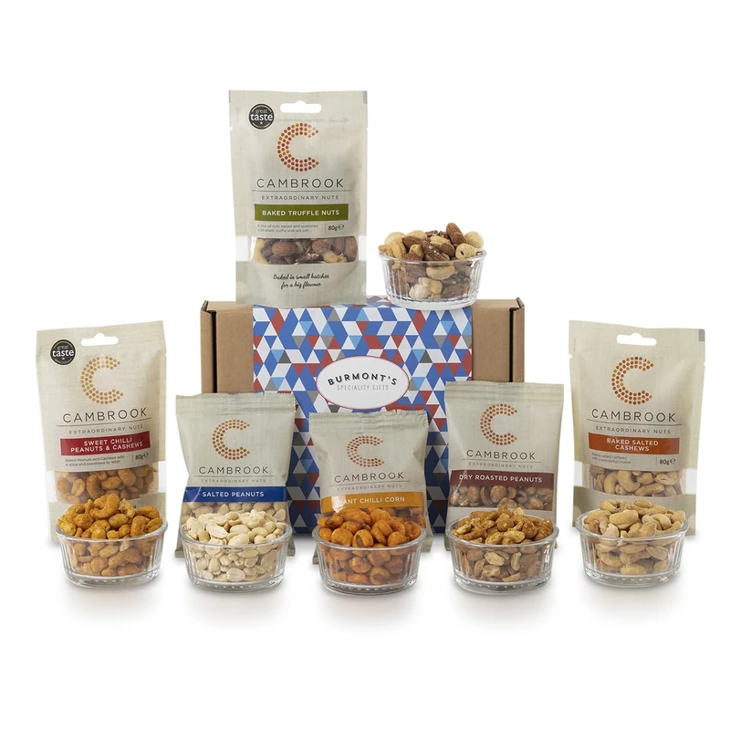 Cambrook Ultimate Nuts & Snacks Hamper - Includes A Variety Of Peanuts, Cashews, Truffle Nuts, Giant Corn & More - Hamper Exclusive to Burmont's