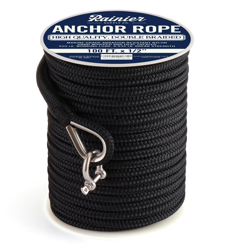 Rainier Supply Co Double Braided Nylon 1/2" Anchor Rope - Available in 100' - 300' Lengths - Anchor Line/Boat Anchor Rope with 316SS Thimble